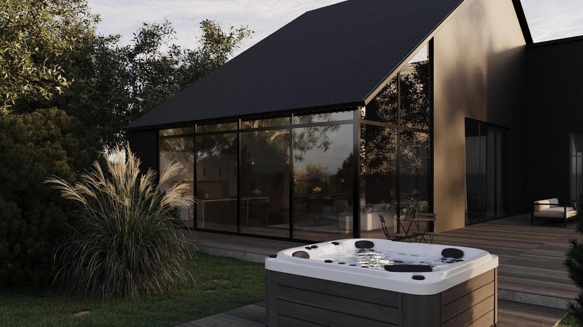 Platinum Spas Happy hot tub on a wooden deck in front of a modern black-clad house by day
