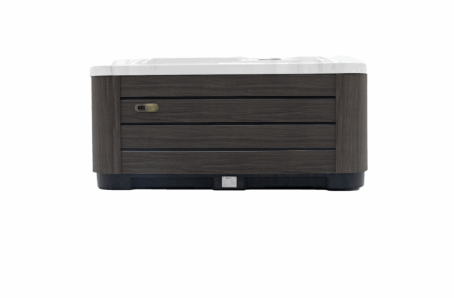 Front view of a Platinum Spas hot tub with dark gray cabinet panels