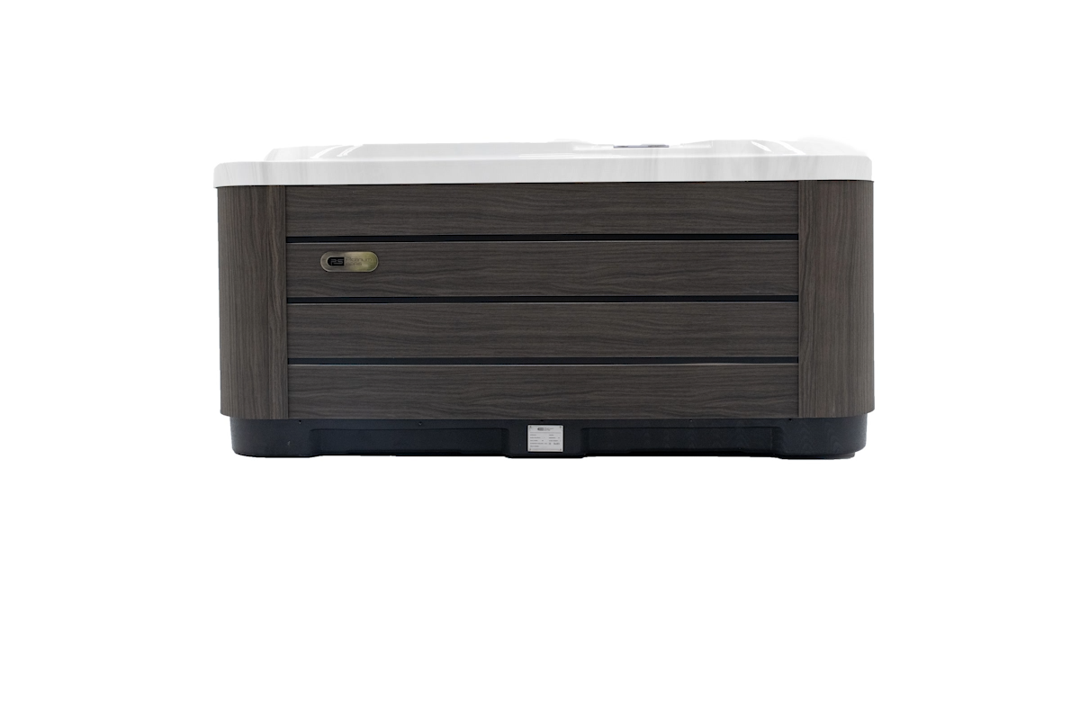Front view of a Platinum Spas hot tub with dark gray cabinet panels