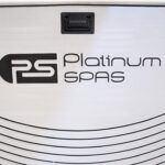 Close-up of the Platinum Spas logo and handle on a mini pool end panel