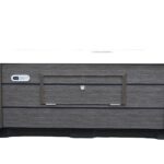 Platinum Spas Vacation Lounge hot tub front view showing the lockable cabinet door and branded control panel