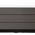 Platinum Spas Vacation Lounge hot tub in dark wood-effect cabinet with closed white cover, rear view