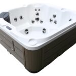 Platinum Spas Vacation Social hot tub corner view from a higher angle, showing the seating, jets and control panel