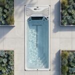 Platinum Spas Atlas Pro mini pool overhead render set into a paved patio with succulent garden planters