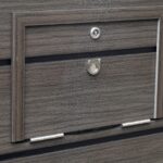 Platinum Spas Vacation Retreat hot tub service hatch hinges and lock, close-up on the cabinet panel